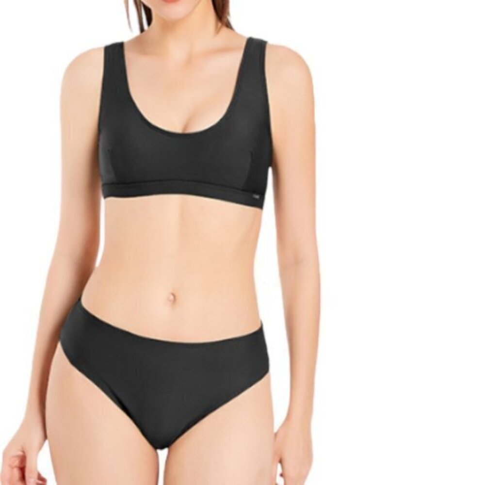 Black Bikini Deep U Line Neck Mid Waisted Modest Swimsuit Size XL NWOT #2285